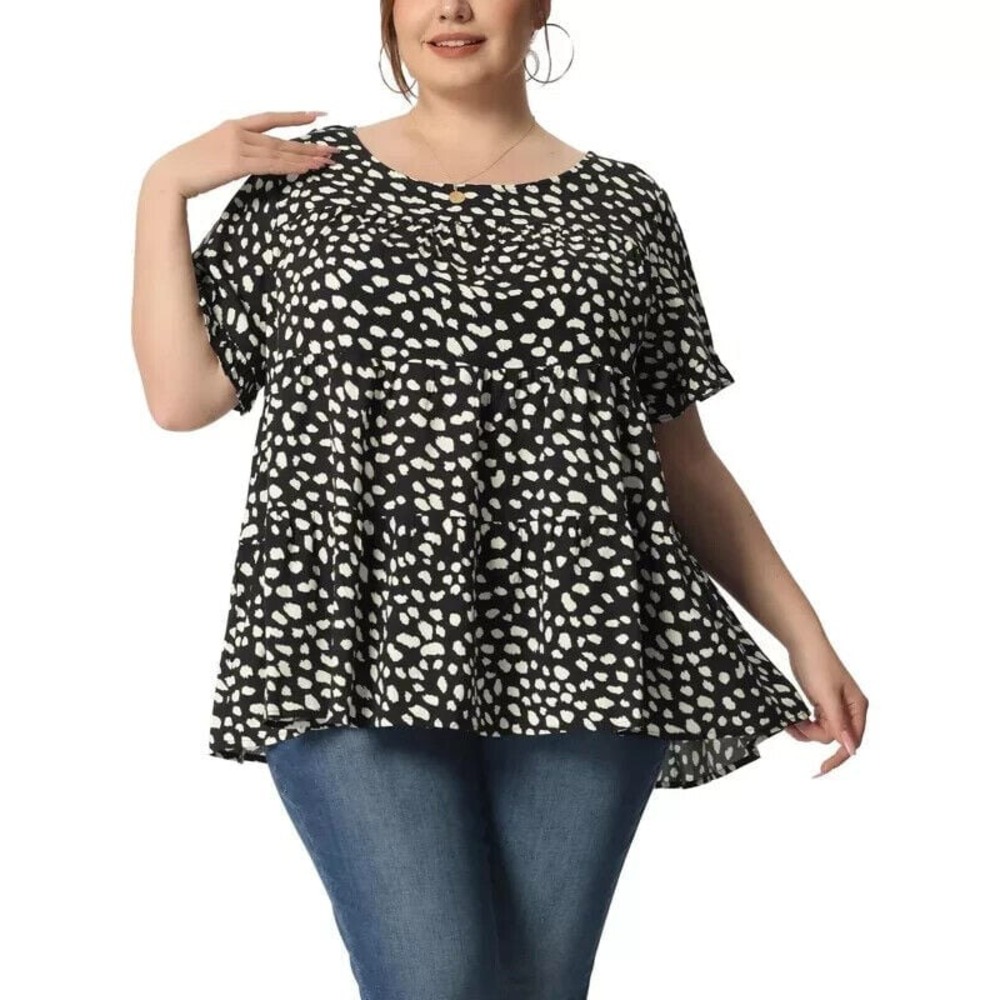 Agnes Orinda Plus Size Polka Dots Blouses for Women Round‎ Neck Ruffle Sleeve